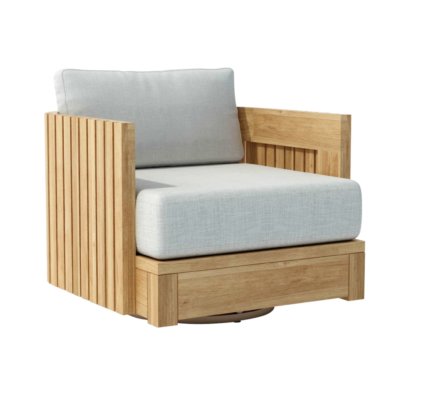 Outdoor lounge chair with unfinished teak frame and ash-gray cushion by Walters Wicker.