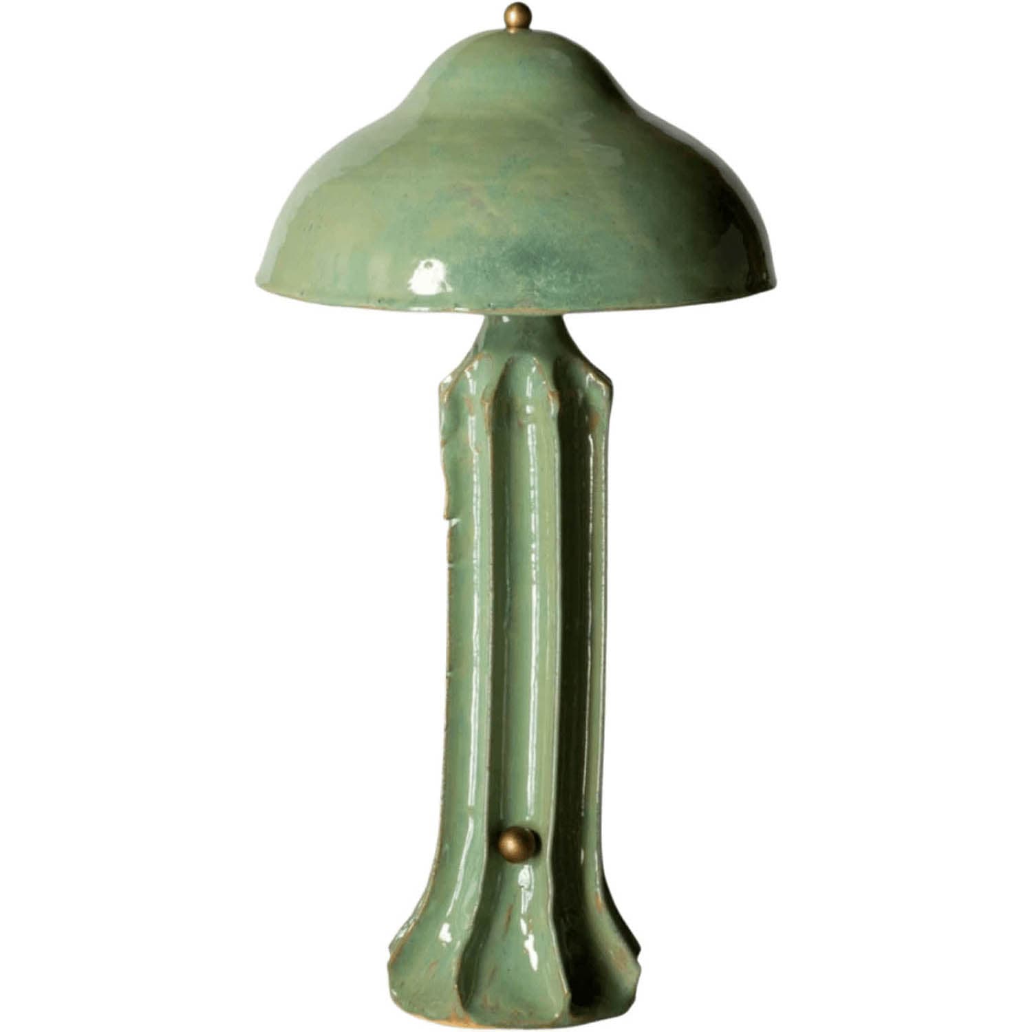 Green ceramic lamp resembling a mushroom with a domed top and ribbed base.