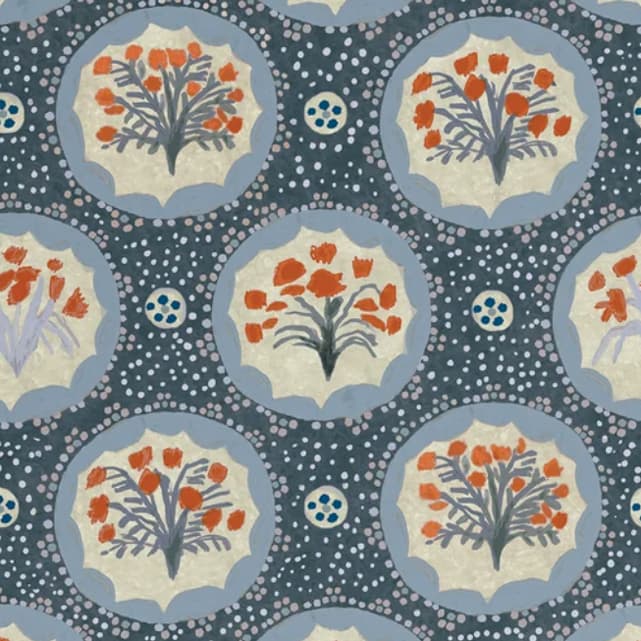 blue wallpaper featuring cream circles with red floral designs