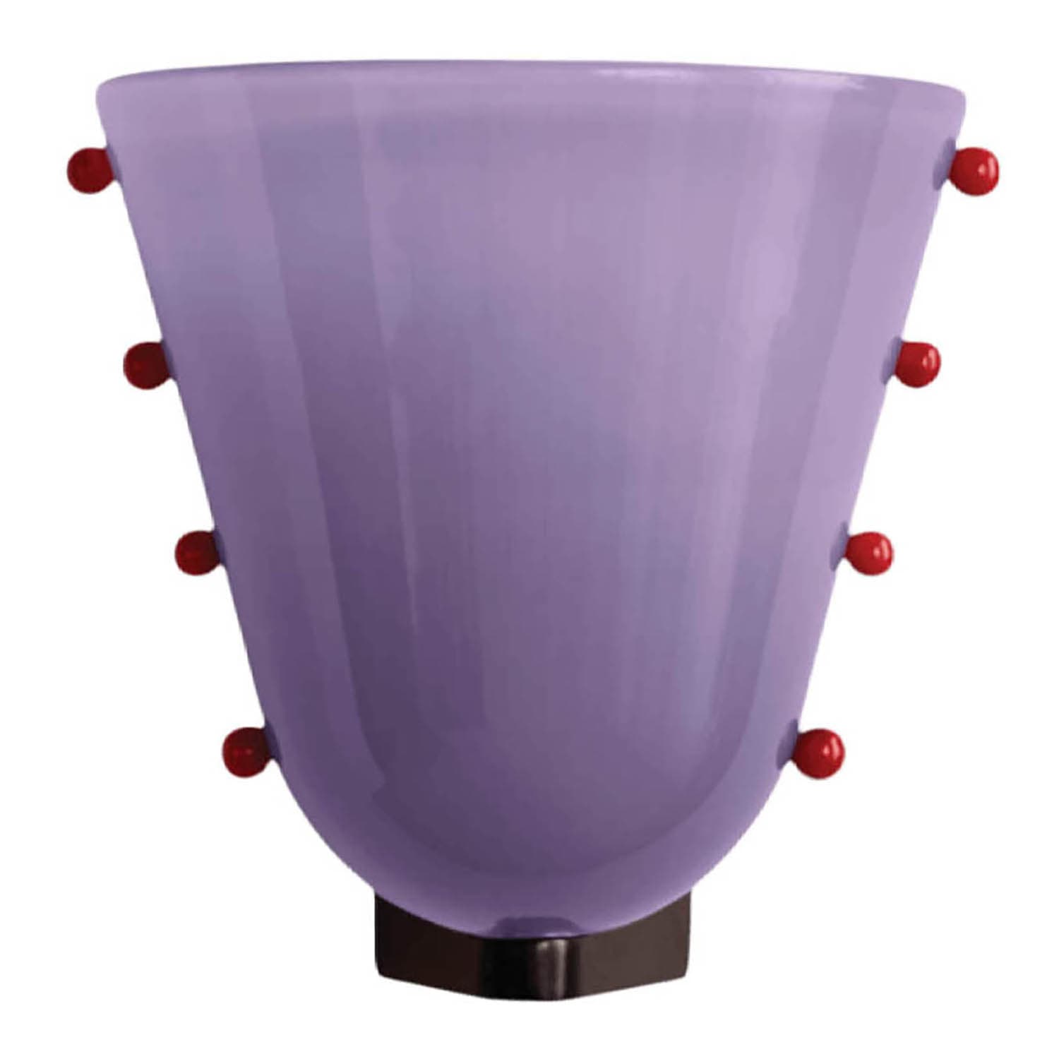 A purple conical sconce with red spherical protrusions on its sides, resting on a dark base, conveying a modern and artistic feel.