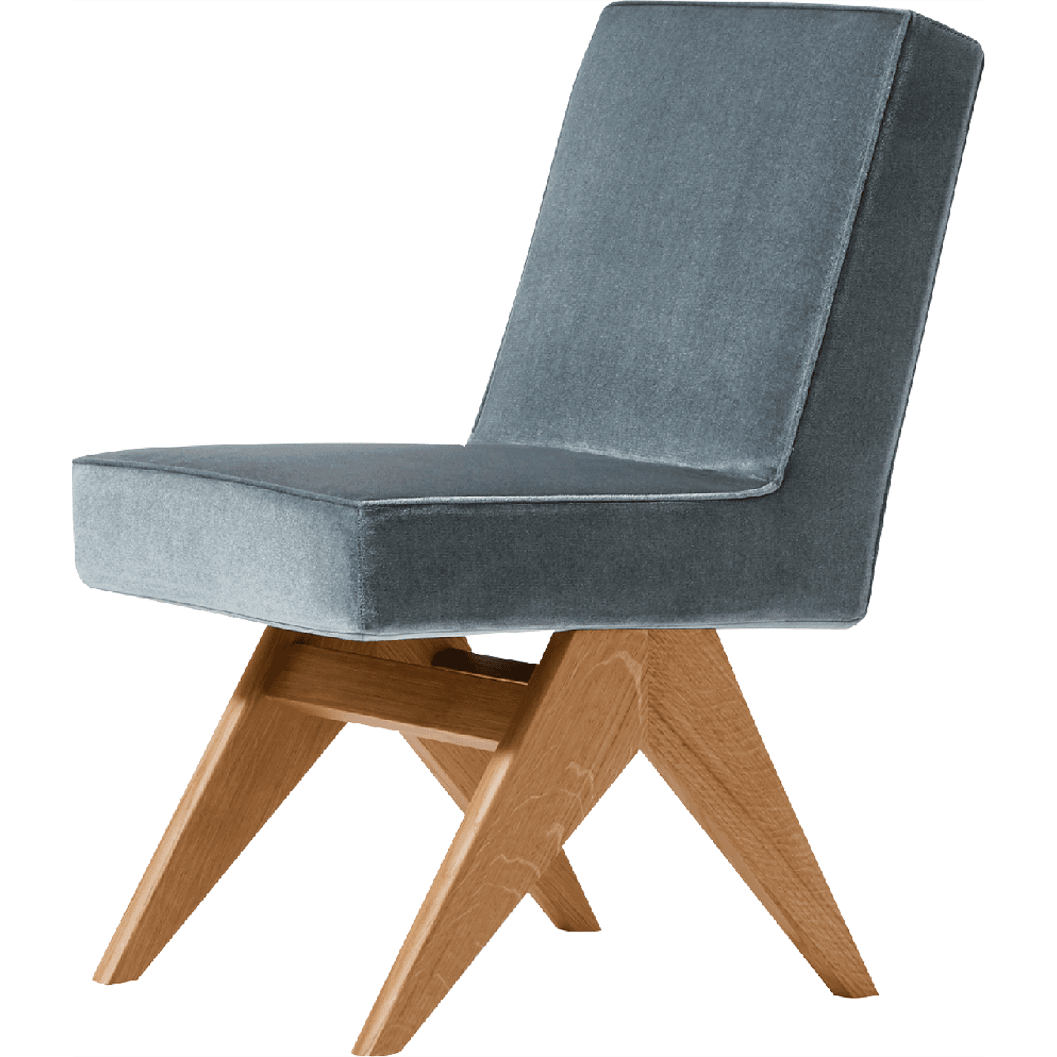 A chair with blue upholstery and light wood legs set at a diagonal from the seat.