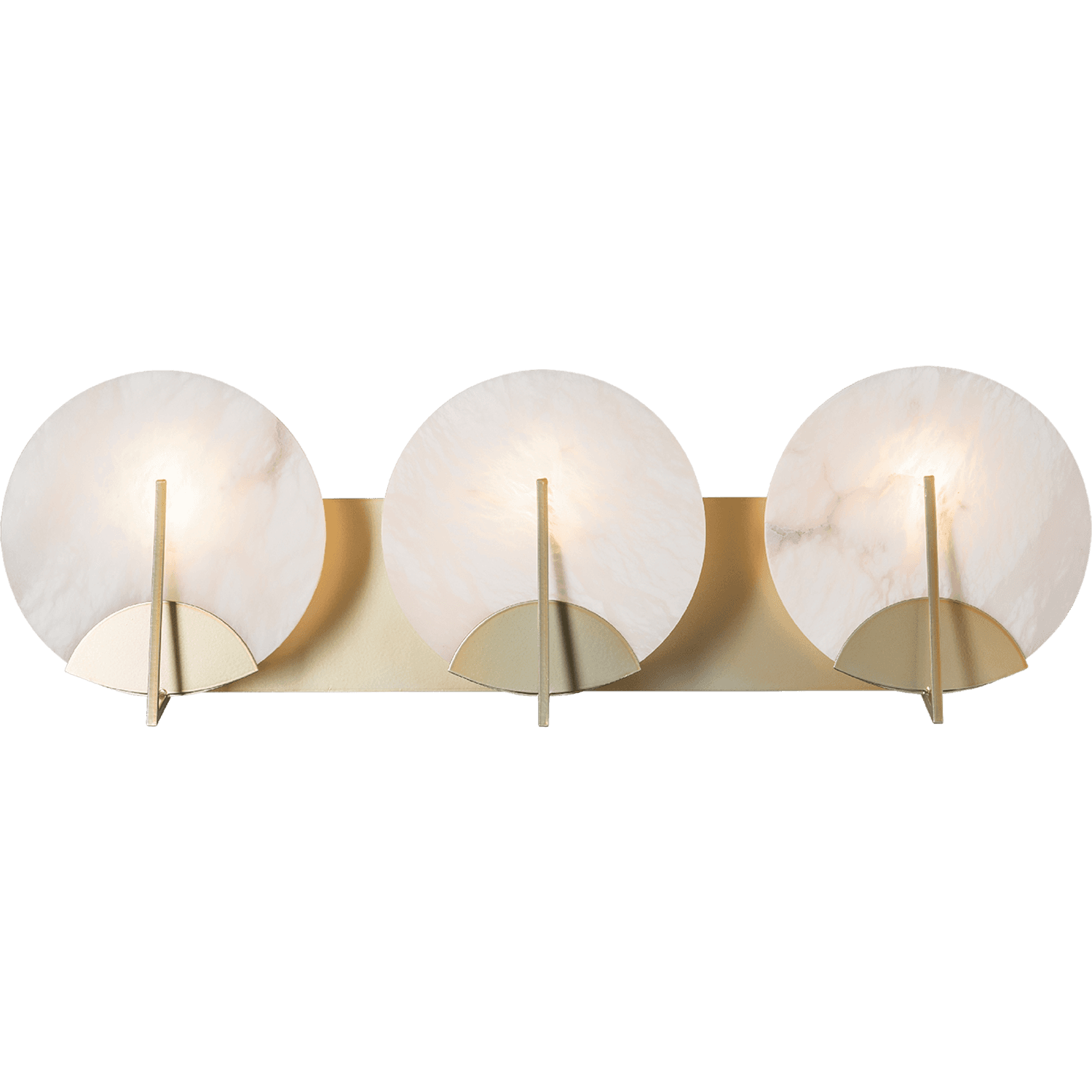 A sconce with three lights in a row on a rectangular brass background