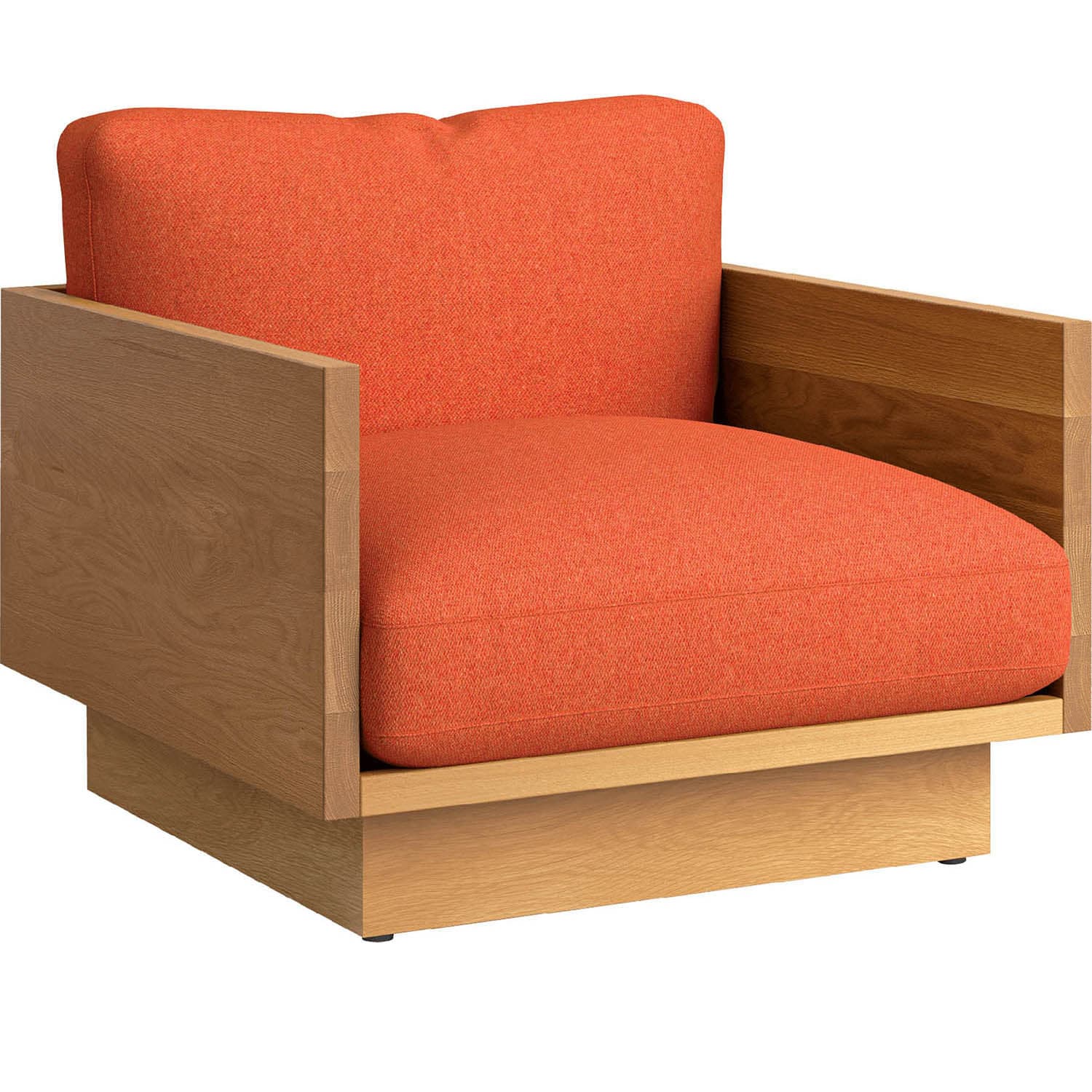 lounge chair with a wood base and orange cushions