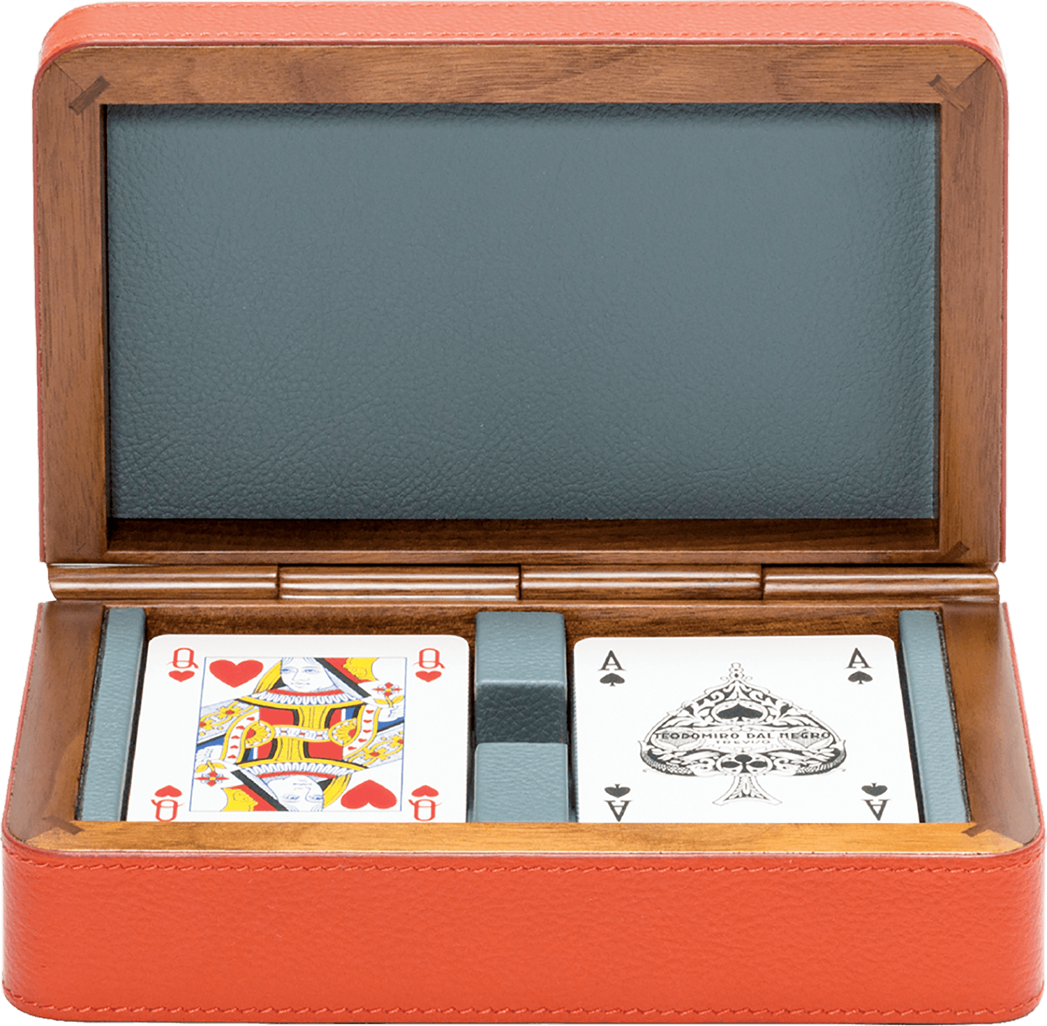 Cards Wooden Box In Coccio Pesto And Steel Blue Leather With Giobagnara
