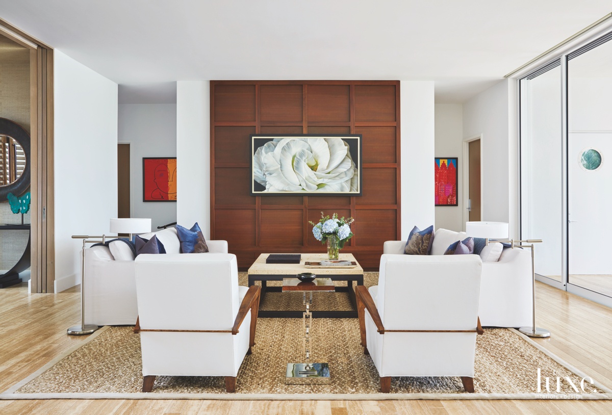 transitional living room sapele-paneled wall