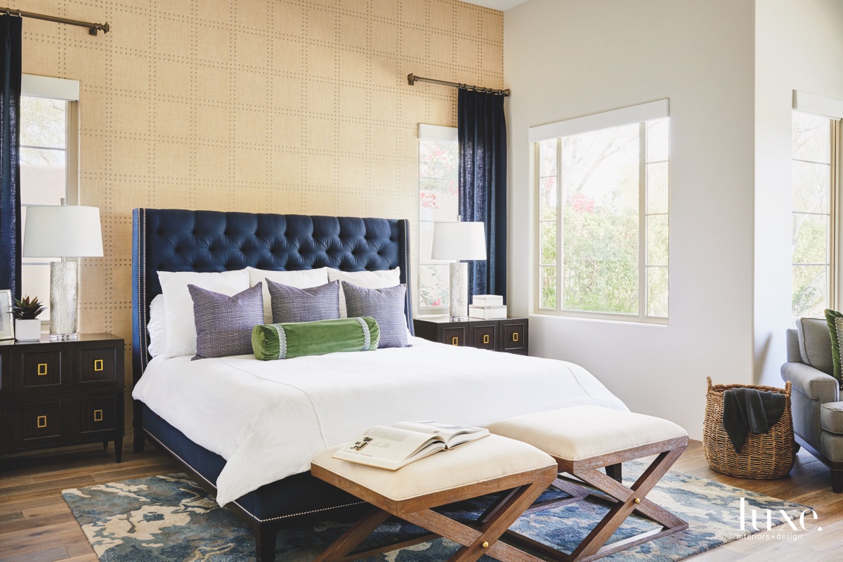 modern bedroom white bed blue...
