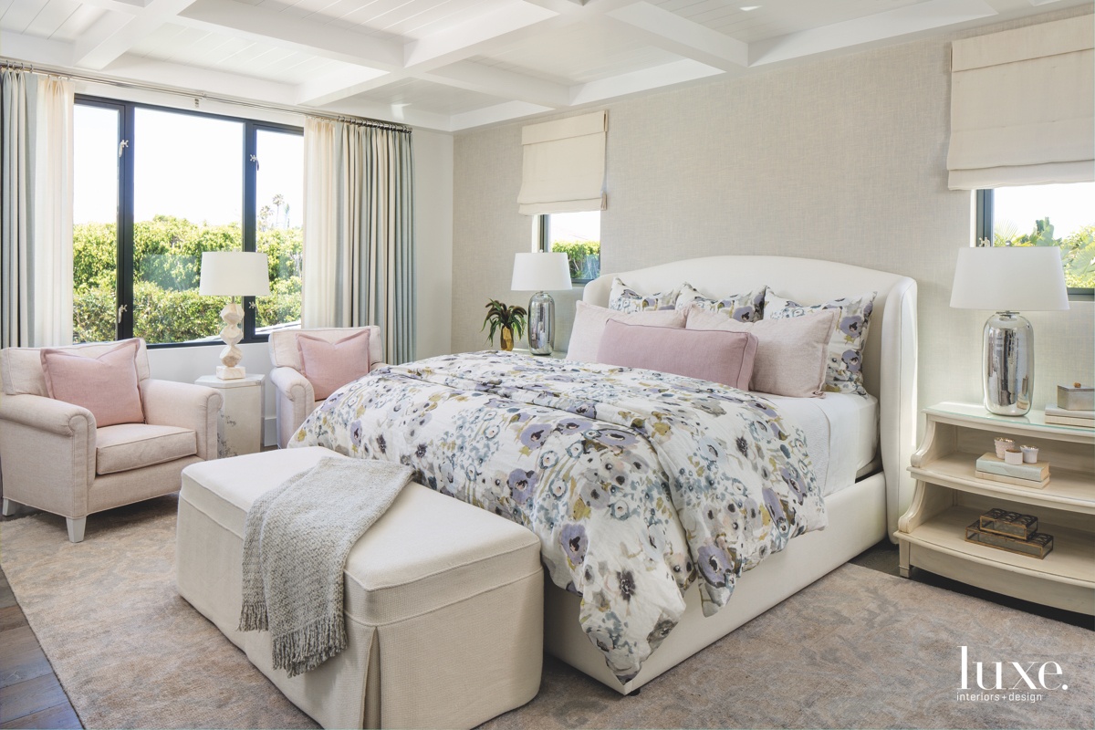 contemporary bedroom white blue pink...