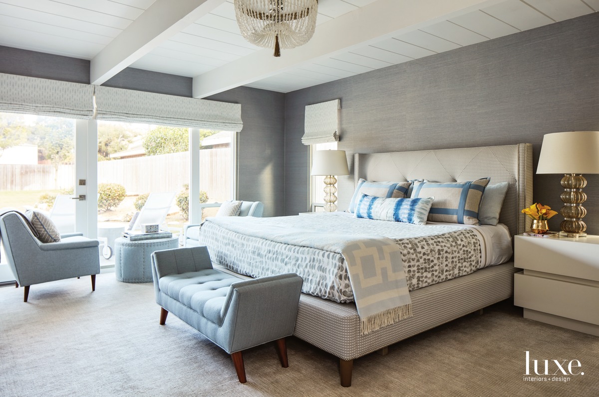 contemporary bedroom gray walls blue...