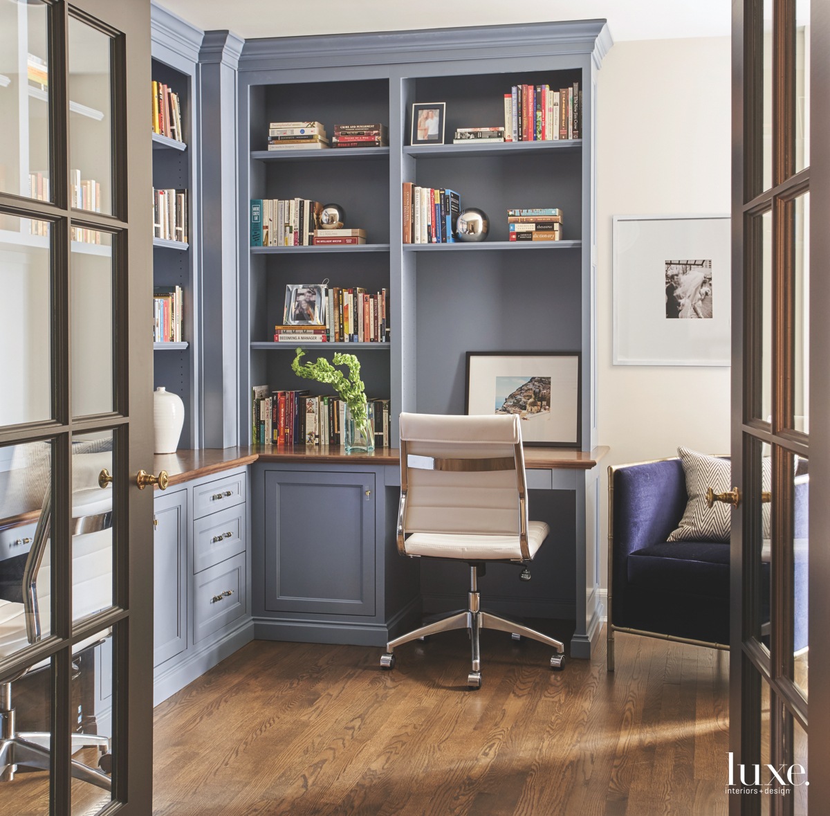 contemporary office blue-gray cabinetry
