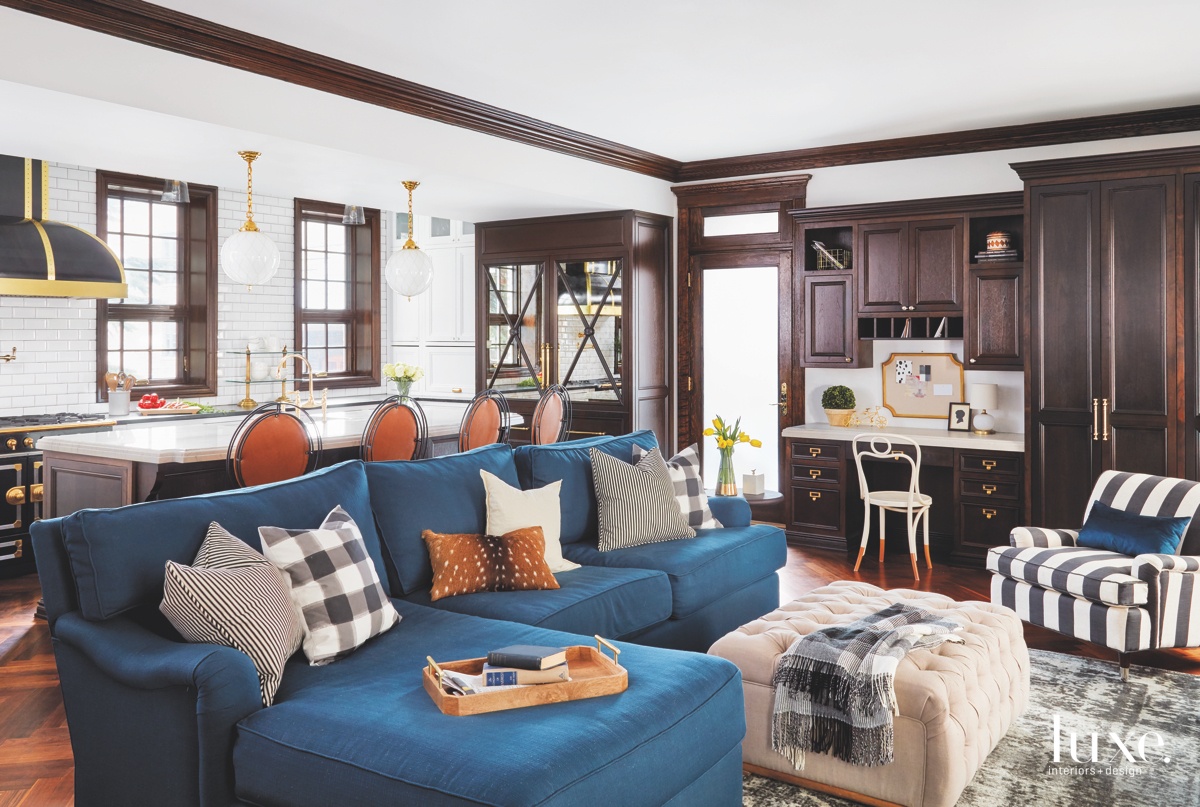 modern living room blue sectional...
