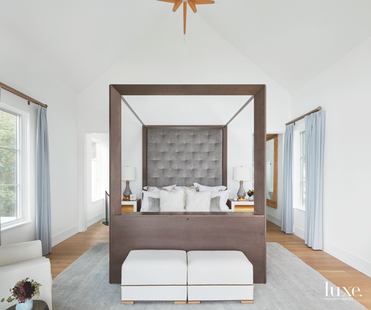 modern neutral bedroom velvet upholstery
