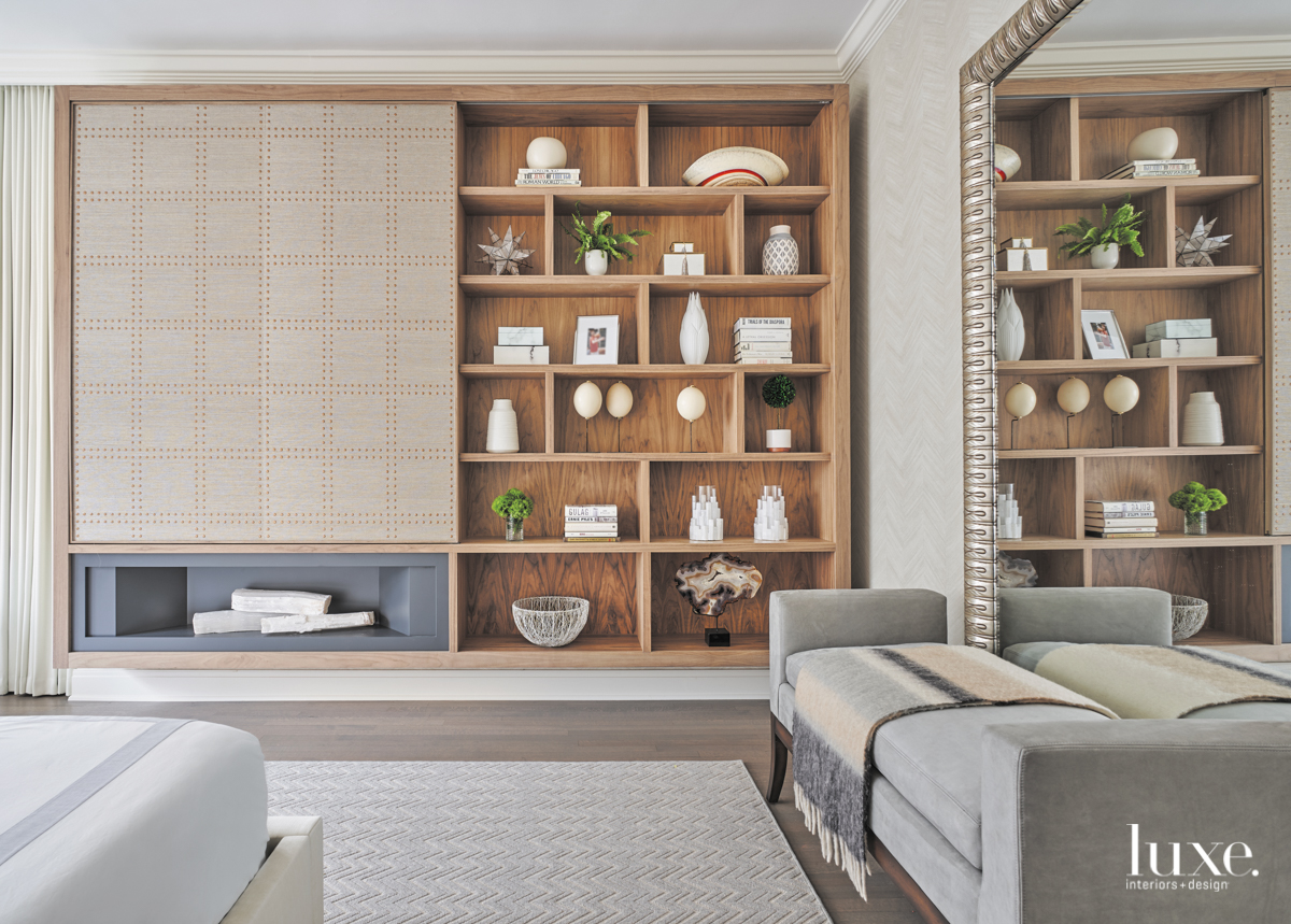 modern bedroom neutral palette shelves