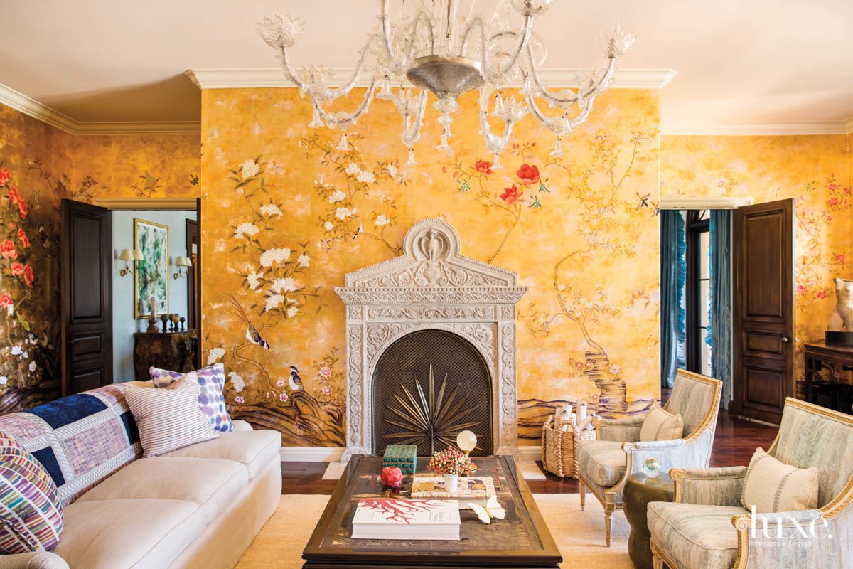formal living room with yellow chinoiserie wallpaper is one of many maximalist interiors