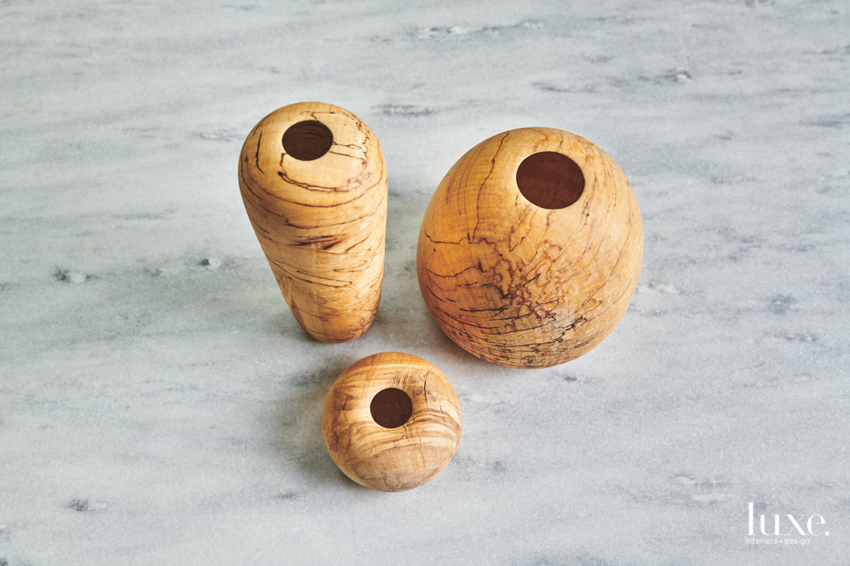 Gregory's work ranges from the functional, such as these spalted maple vessel triptych, to sculptural.