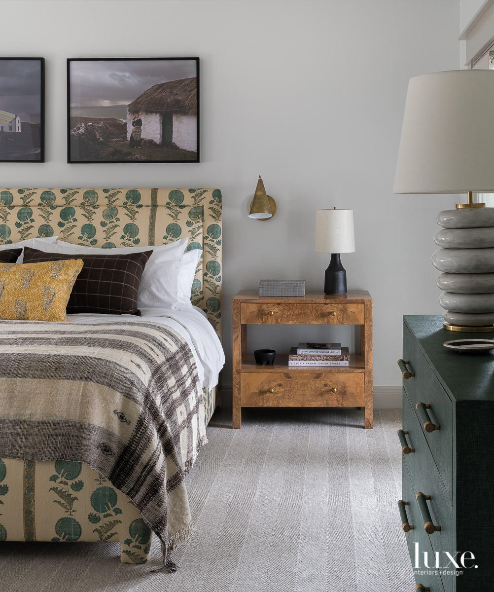 eclectic bedroom neutral green palette
