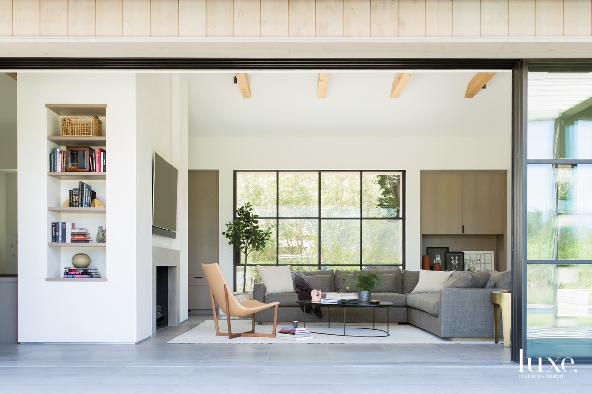 modern living room gray sectional...