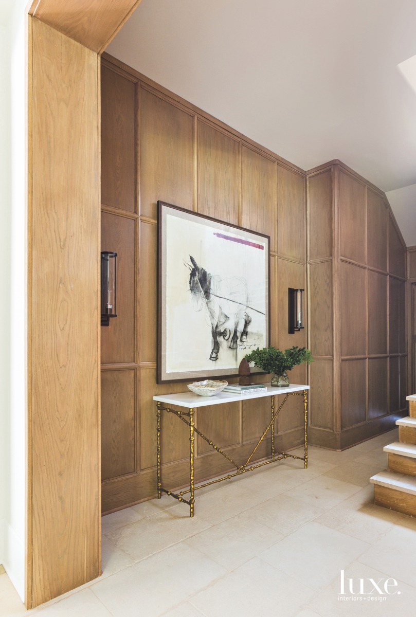 contemporary hallway stairs horse painting