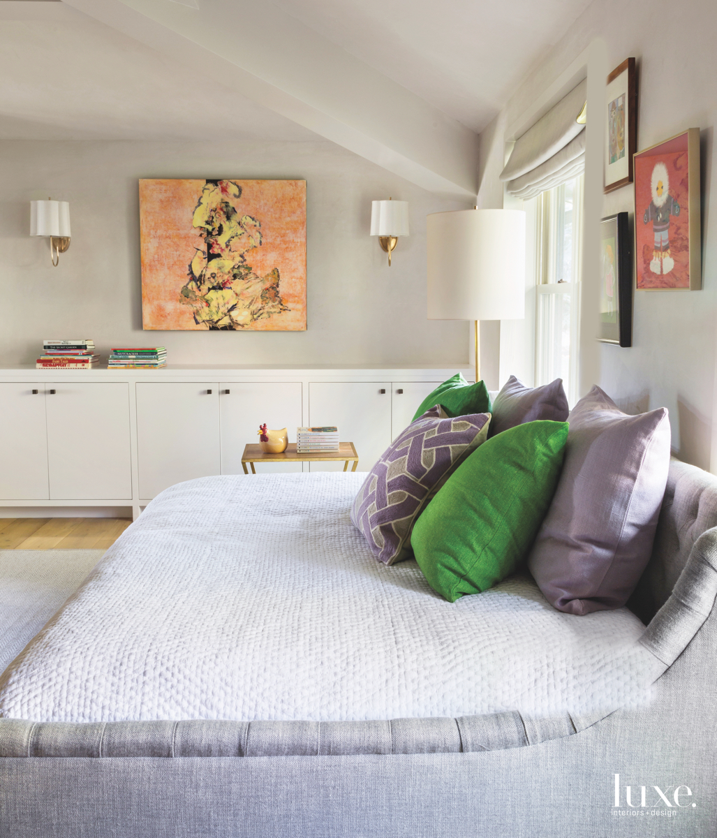 contemporary neutral bedroom purple green...