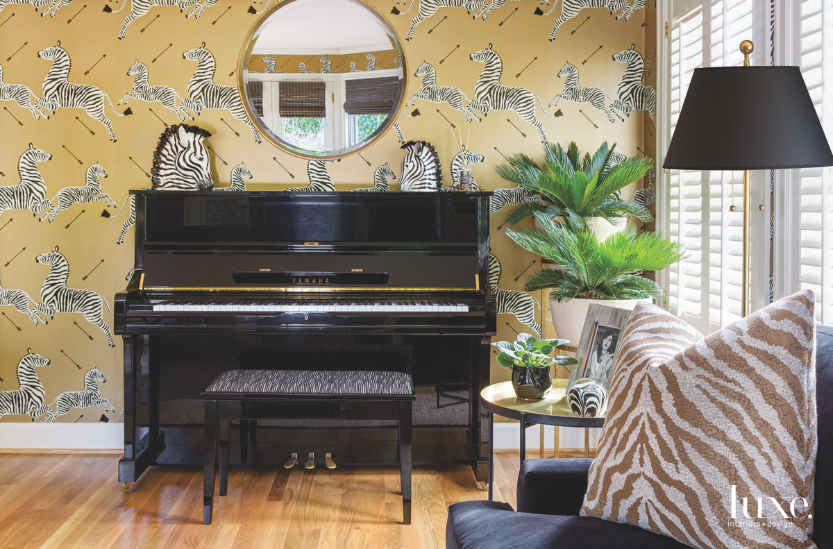 traditional living room piano zebra...