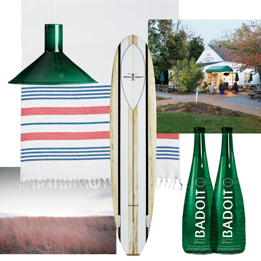 Clockwise from top: A cased glass ceiling fixture from Wyeth, a Robert August What I Ride surfboard, Hampton Chutney Co., Badoit sparkling water, Gwen O'Neil's Atlantic Avenue, Serena & Lily's Fouta Turkish towel