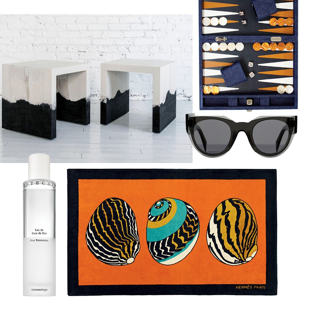 Clockwise from top left: Side tables from MMaterial, a Hector Saxe backgammon set, Celine sunglasses, an Hermès beach towel, and Chantecaille's pure rosewater.
