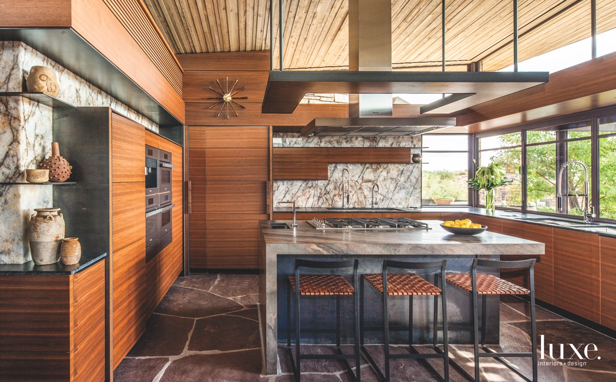 modern brown kitchen stone island