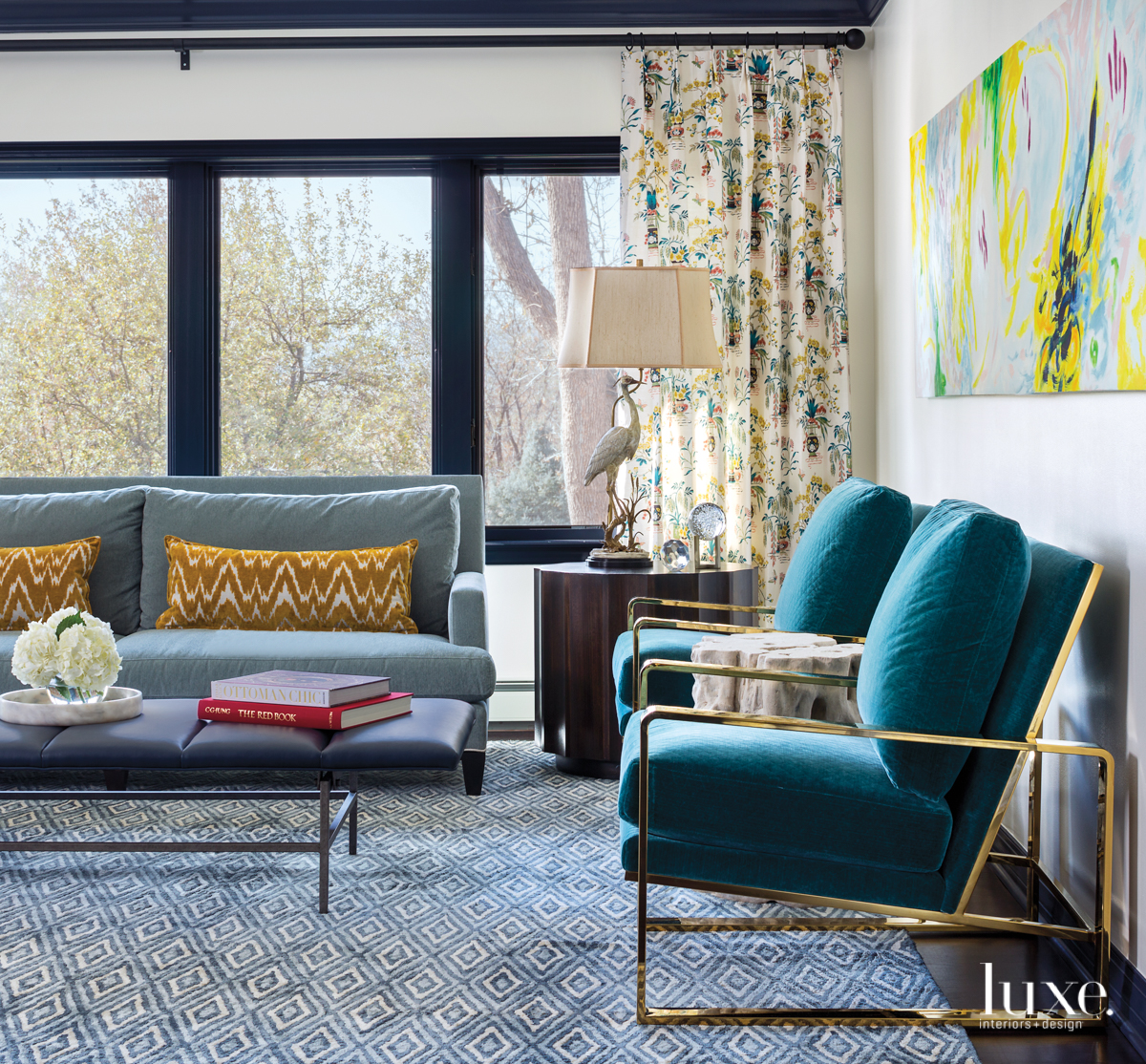 transitional blue living room yellow accents