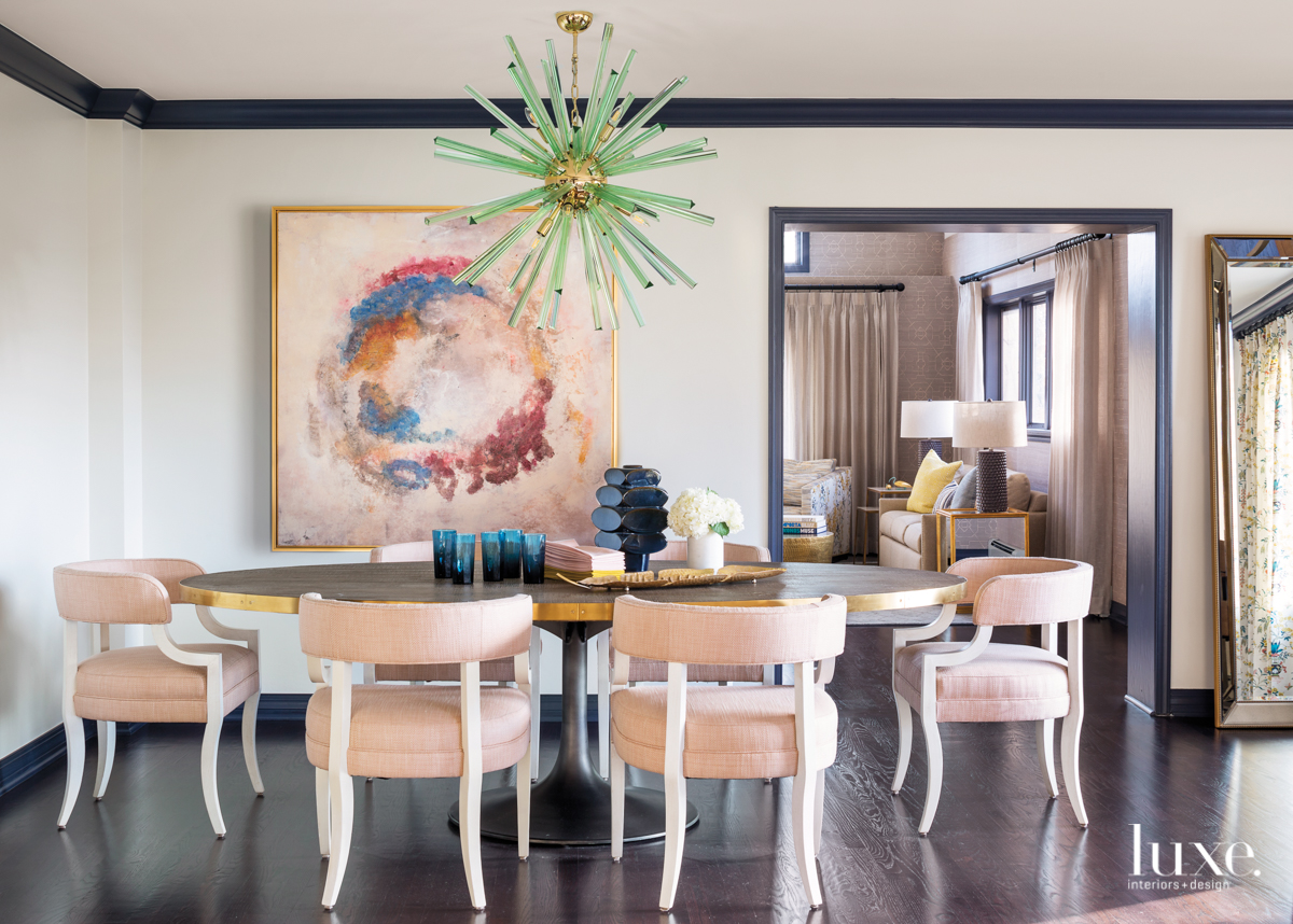transitional dining room pink accents