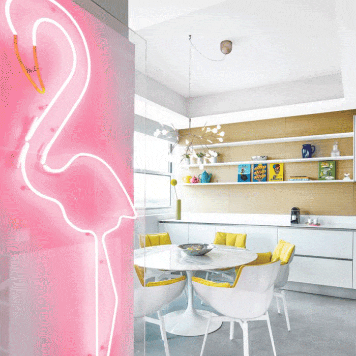 modern dining room neon flamingo sign yellow accents