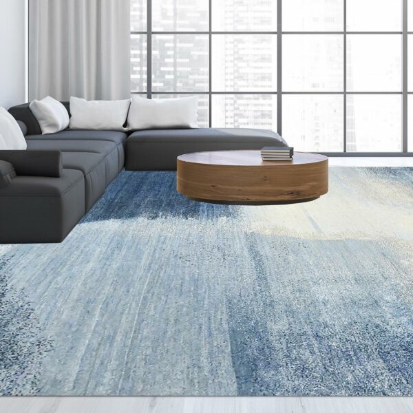 Contemporary living room featuring a blue rug.