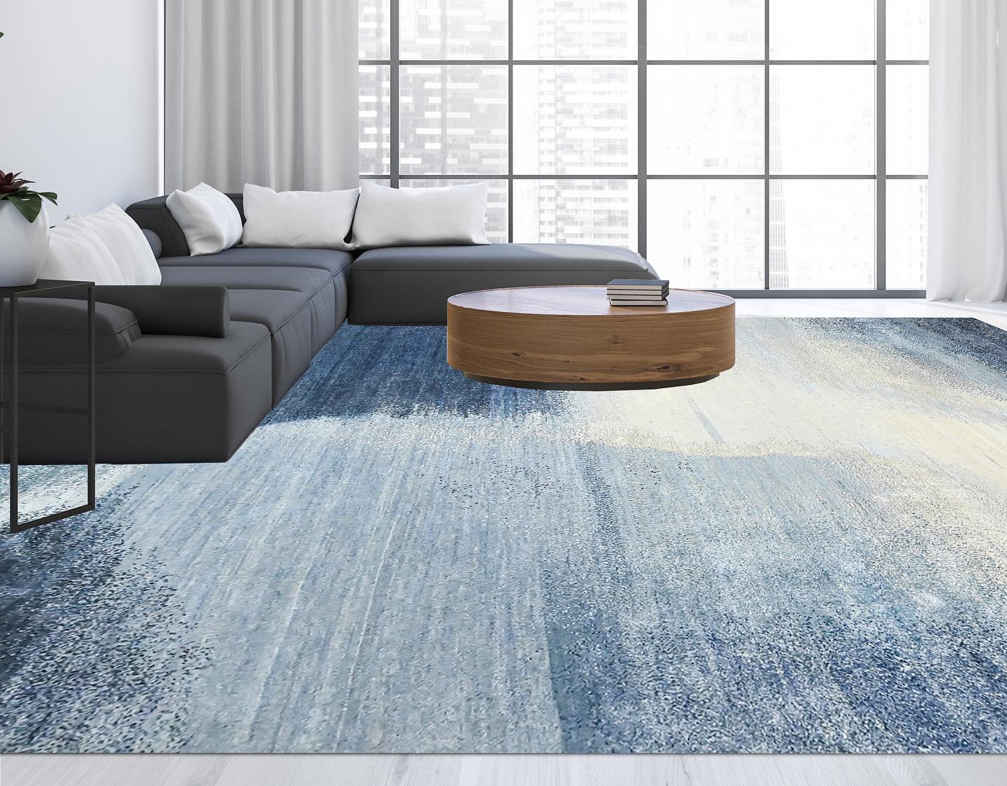 Contemporary living room featuring a blue rug.