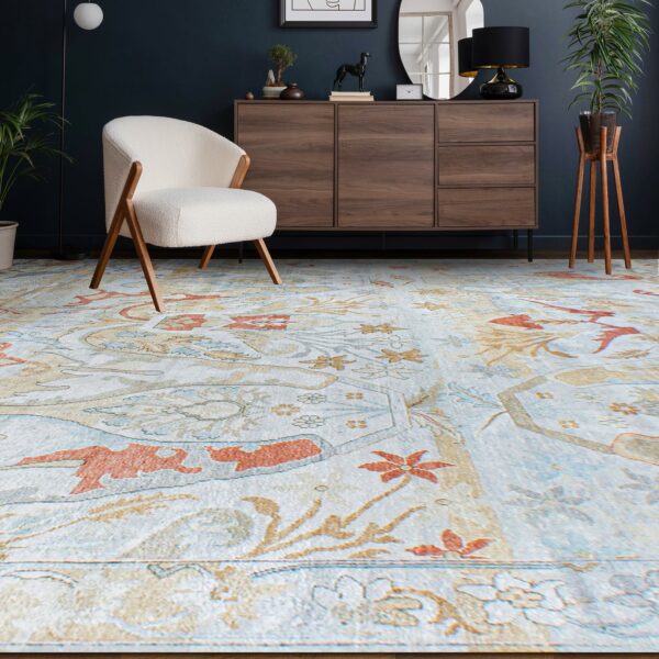 Vibrant blue and orange rug featuring intricate floral patterns, ideal for enhancing your living space.