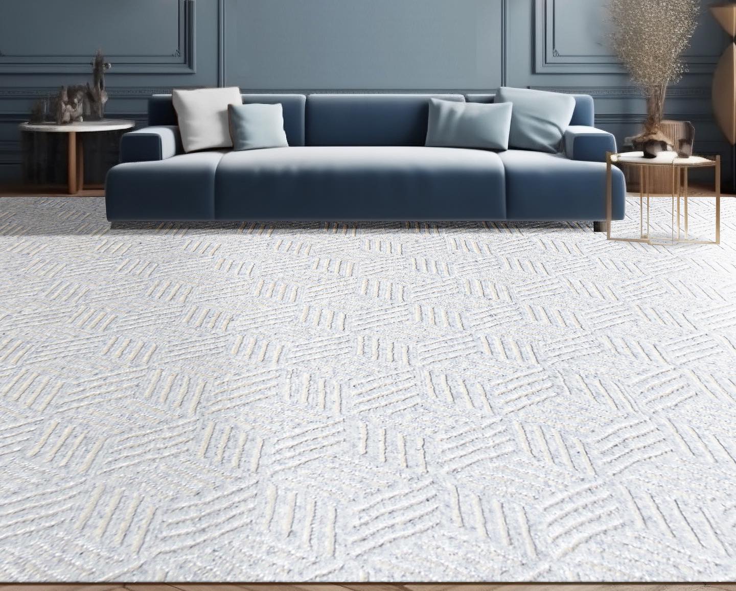 A contemporary grey rug with white geometric patterns, adding a stylish touch to any space.
