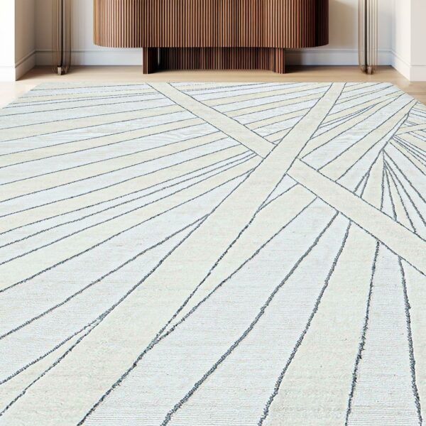 A contemporary rug with a geometric pattern, enhancing the aesthetics of a living room.
