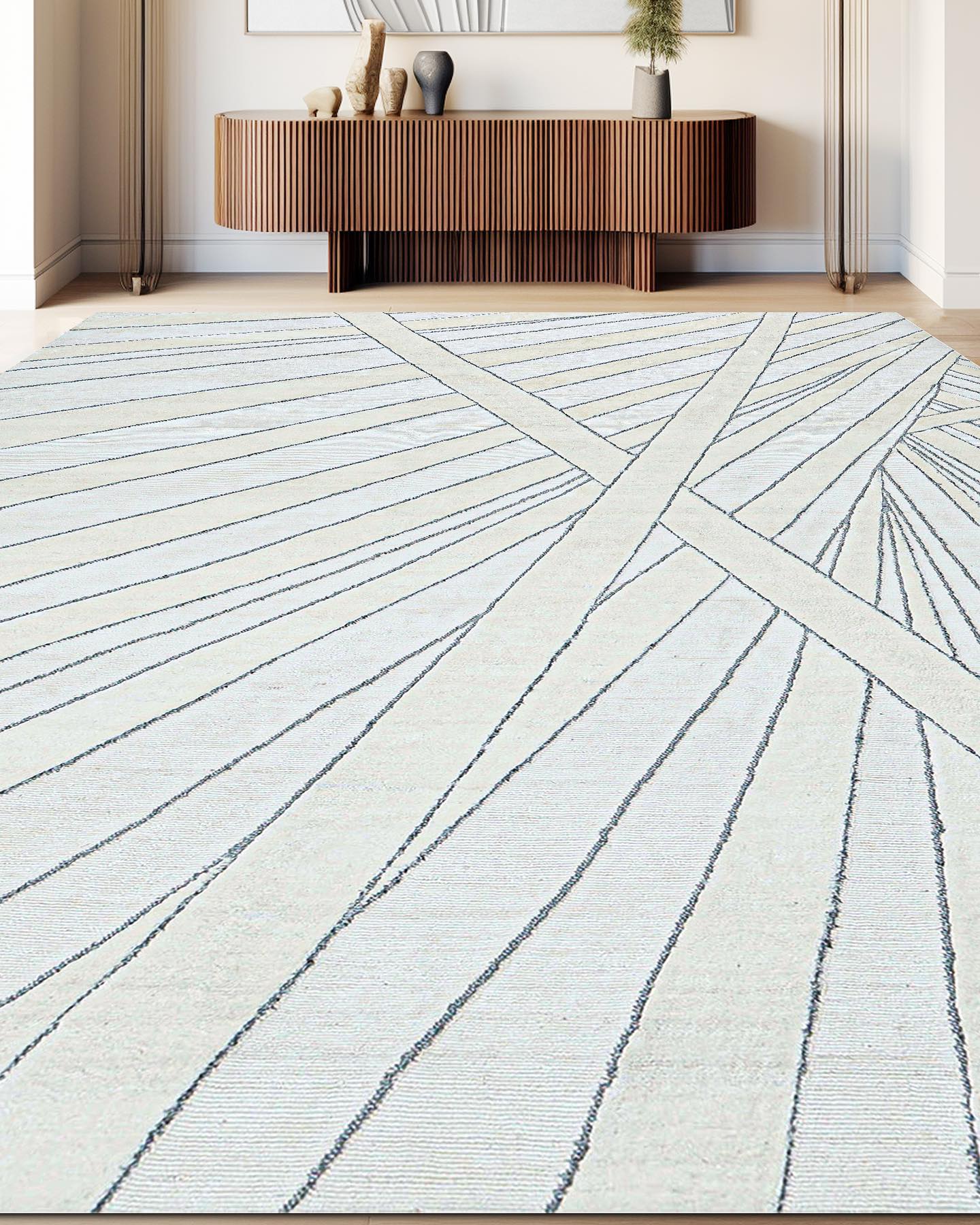 A contemporary rug with a geometric pattern, enhancing the aesthetics of a living room.