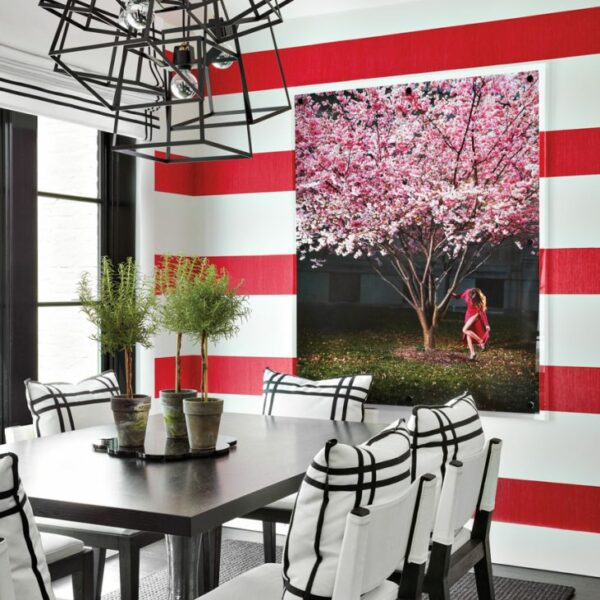 Classic Principles Take On A Funky Spin In A Bold Home Near Lake Michigan red white stripe wall dining room