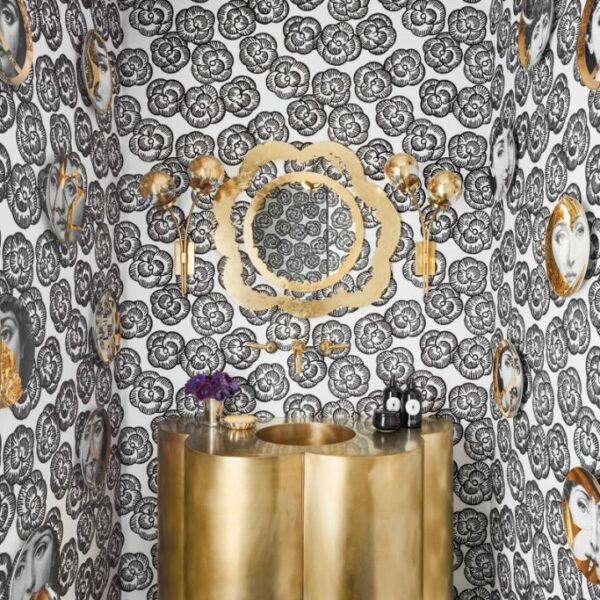 Classic Principles Take On A Funky Spin In A Bold Home Near Lake Michigan powder room with schumacher flocked mona wallpaper