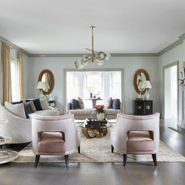 Inside A Transformed 1926 New York Tudor That Celebrates Architecture And Character While Baker armchairs and an Emerson Bentley sofa feel classic in the living room, Alex infused modernity into the space with an Organic Modernism coffee table, a Regina Andrew Detroit chandelier and a Caroline Lizarraga painting.