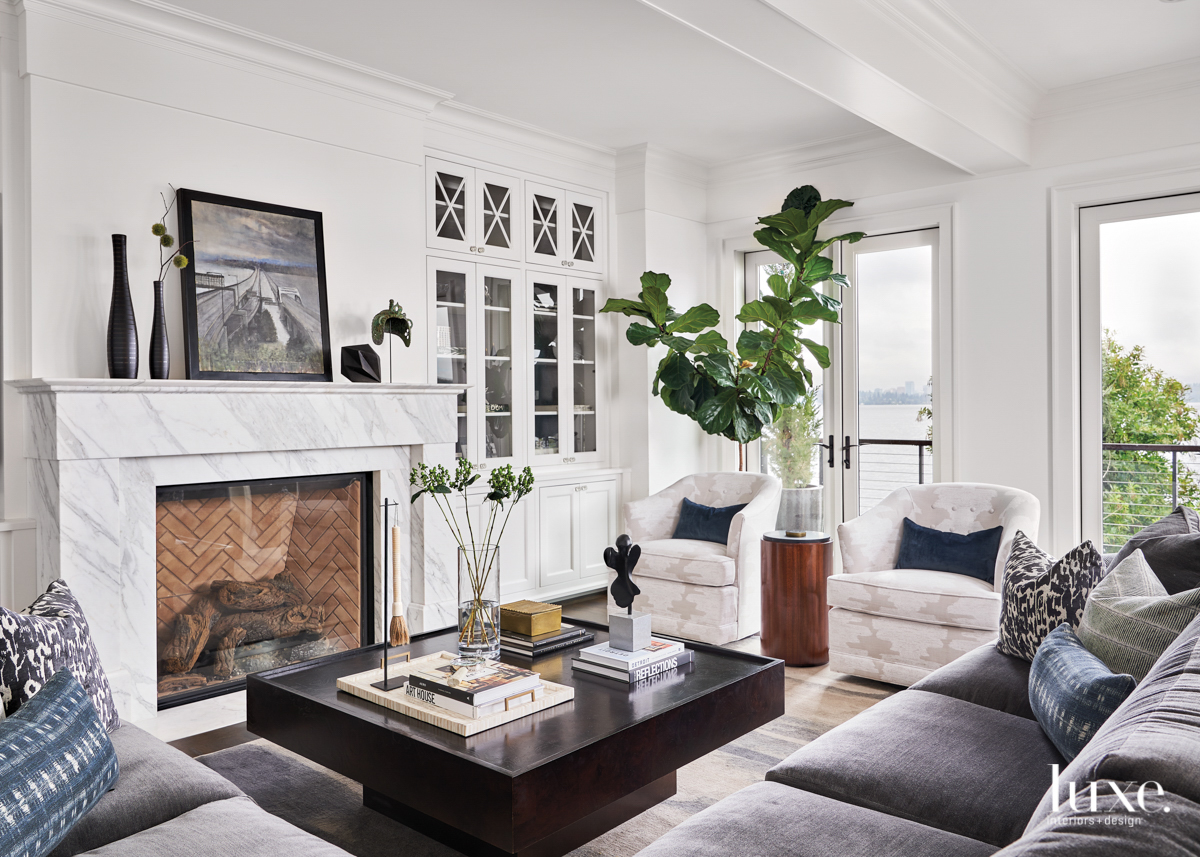 white gray living room with fireplace