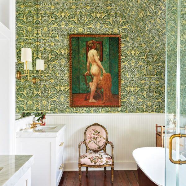 Layered Interiors Perfect A Gorgeously Restored South Carolina Home master bathroom lewis and wood green wallpaper