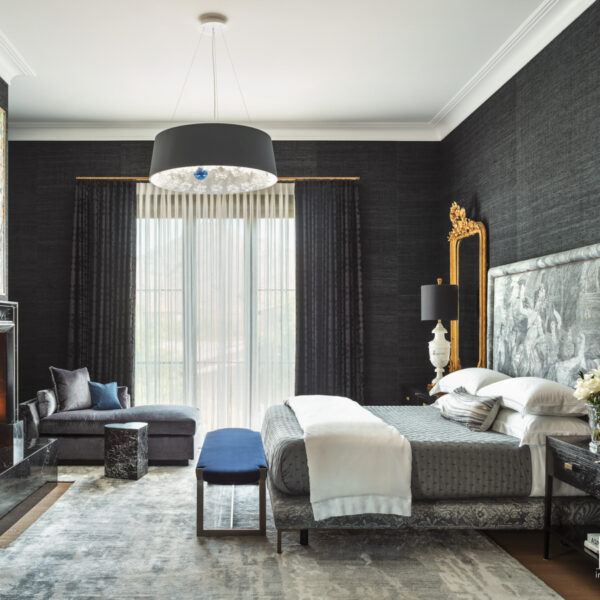 The Posh Arizona Oasis That Blends Beloved Pieces With Luxury Materials master bedroom with navy blue woven silk wallcovering