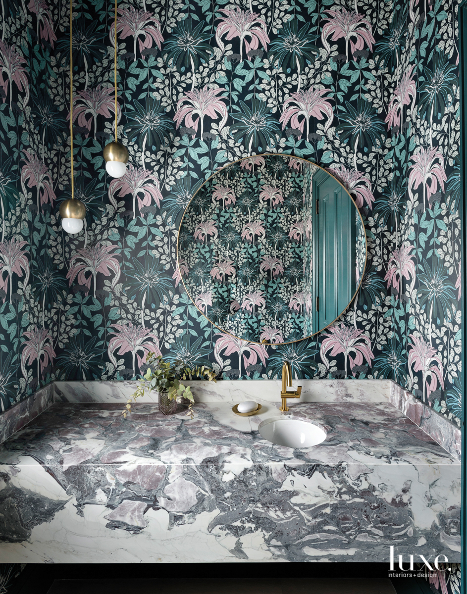 teal and pink floral wallpaper powder room