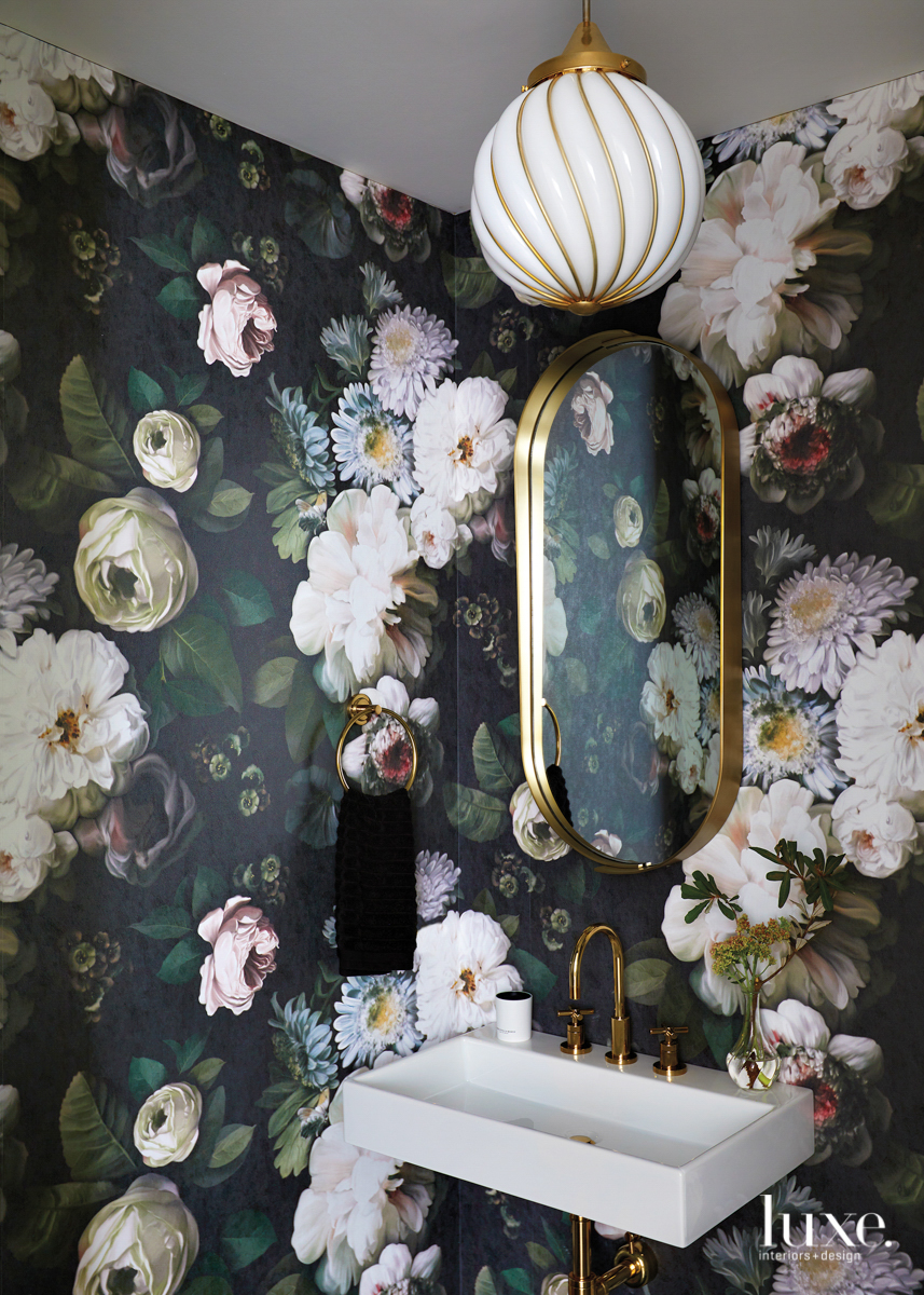 vintage murano pendant floral wallcovering bathroom