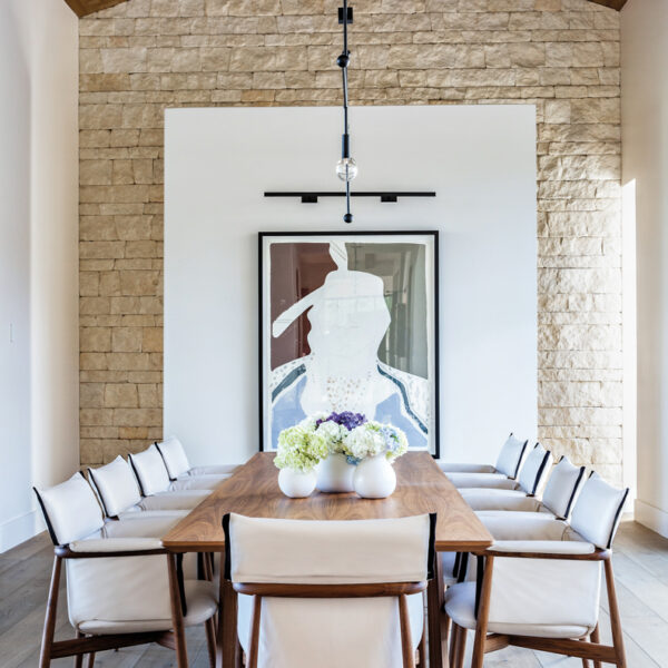 Warmth, Character And Surprise Accents Elevate This California Family Retreat dining room with hansen & son chairs flexform table