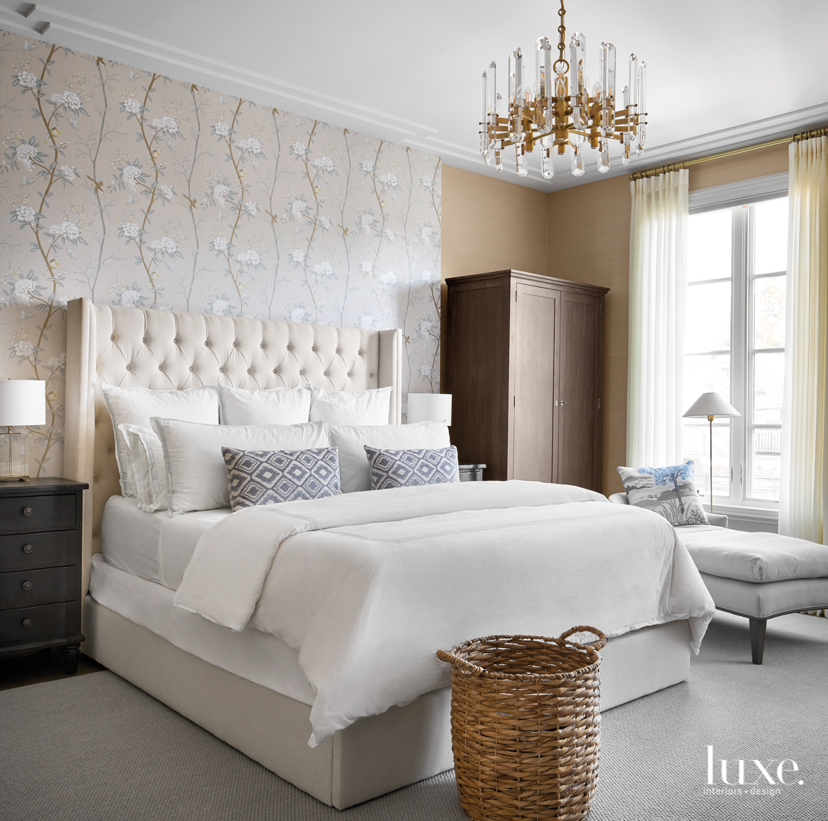 master bedroom with lee jofa floral statement wall and sisal grass-cloth wallcovering