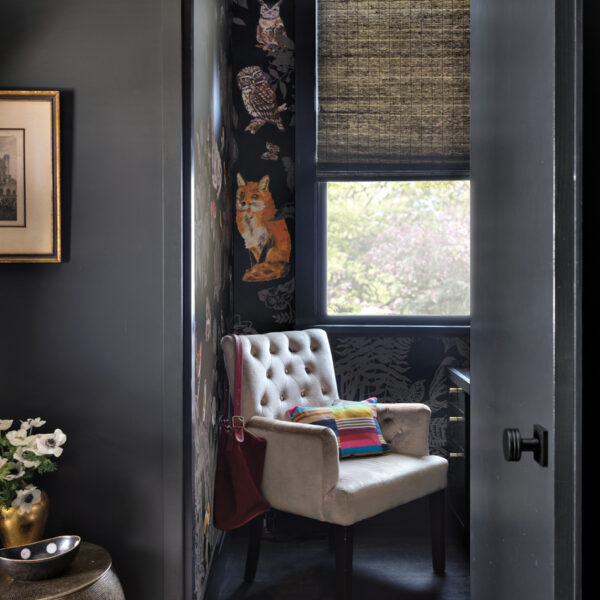 Deep Tones And Moody Wallpaper Add Drama To A Renovated Oregon Bungalow office with moody animal wallpaper