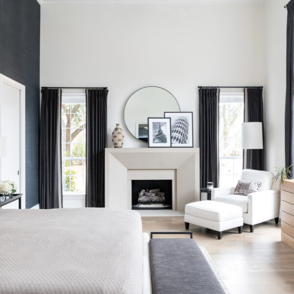 Architectural Wow-Factors Keep A Dallas Home Family-Friendly black and white master bedroom with jasper panel bed