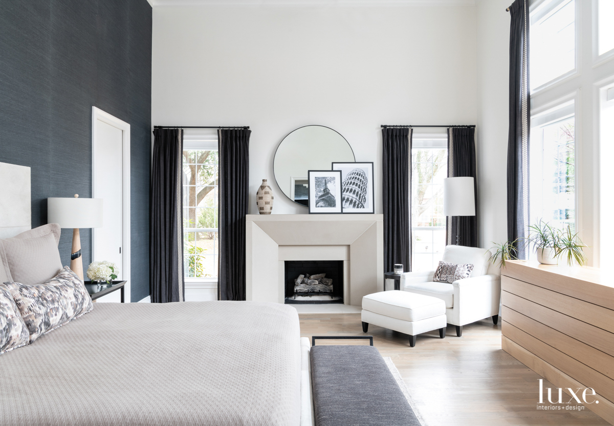 black and white master bedroom with jasper panel bed