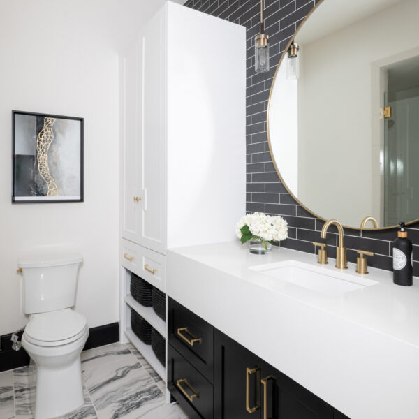 Architectural Wow-Factors Keep A Dallas Home Family-Friendly guest bathroom with white quartz countertops