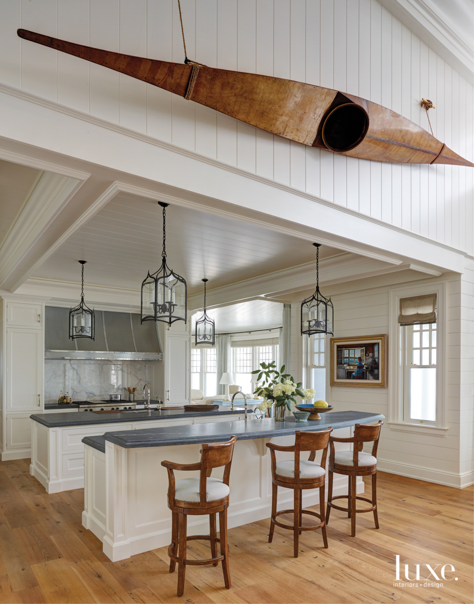 The kitchen features two islands to accommodate the many parties the homeowners throw.